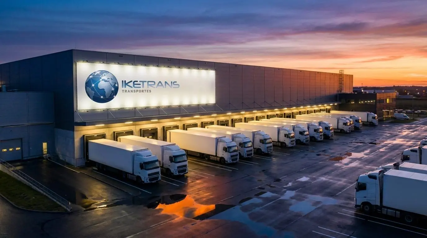 Centro logístico da IKETRANS com carretas nas docas ao entardecer